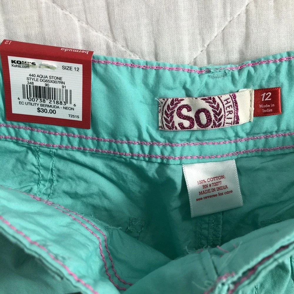 SO Shorts Girls 12 Aqua Blue Utility‎ Bermuda Cuffed Adjustable Waist Mid Rise
